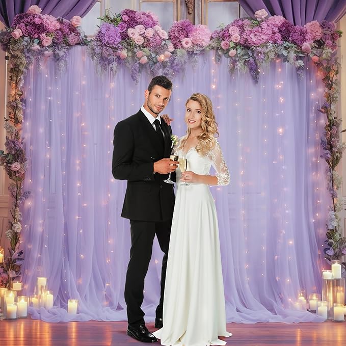 30x10ft Purple Tulle Backdrop Curtain with Lights String for Parites, Sheer Photo Backdrop Curtains with Lights for Wedding Backdrop Ceremony Reception Bridal Shower Baby Shower Birthday Party