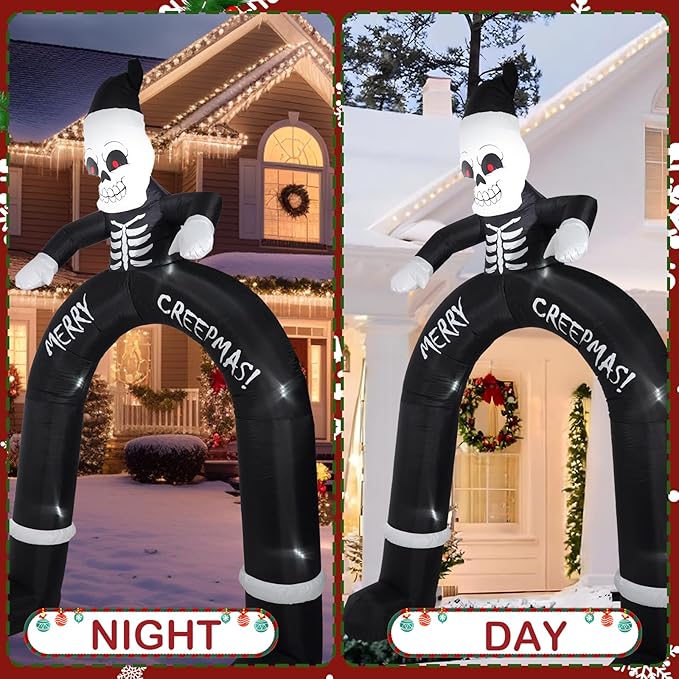 10 FT Skeleton Old Man Arch, Outdoor Inflatable Decorations with Built-in LED Lights for Gothic Style Holiday Inflatable Decorations for Patio, Lawn and Outdoors.