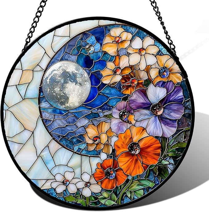 Stained Glass Window Hanging - Blue White Moon Suncatcher for Door Terrace Garden Home Decor Colorful Flowers Sun Catcher Birthday Gifts for Lovers Women Men Dad Mom Nana 15 in