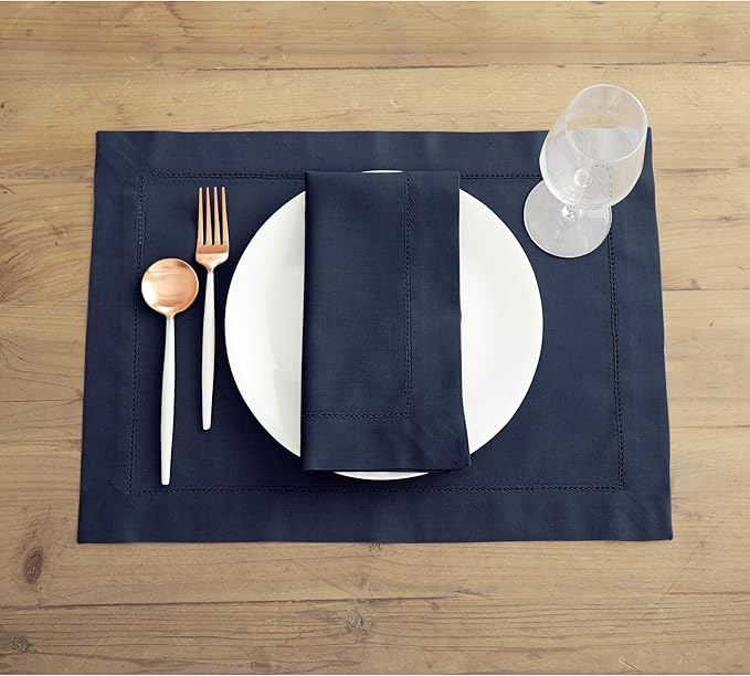 Solino Home Navy Blue Napkins Set of 4 - Cotton Linen Hemstitch Dinner Napkins Cloth 20 x 20 Inch for Winter, Spring, Easter - Handcrafted and Machine Washable