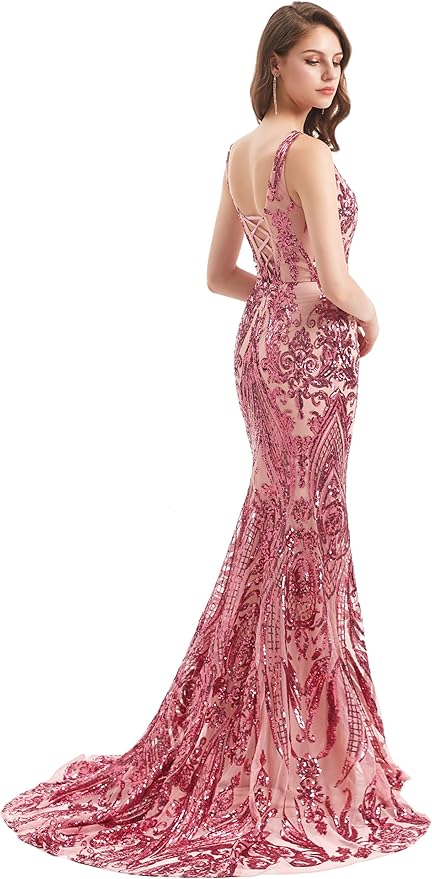 Women's Double V-Neck Sequins Lace-up Mermaid Evening Dress