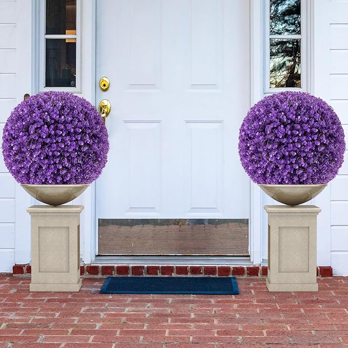 Goplus 17.5 Inch Topiary Balls Artificial Outdoor Set of 2, Faux Purple Eucalyptus Decorative Balls, Fake Plant Sphere, Round Artificial Plant Balls for Front Door, Porch, Backyard, Home Décor