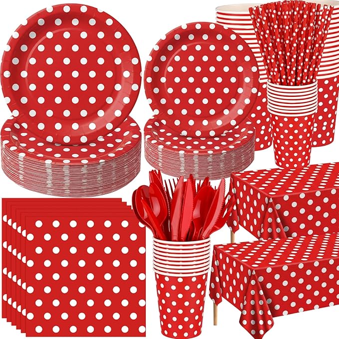 452 Pcs Red Polka Dot Party Supplies for 50, Red and White Polka Dot Paper Plates Napkins Cups Tablecloth Cutlery Straws for Mouse Birthday Carnival Family Picnic Barbecue Party Decoration