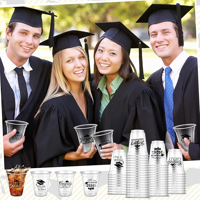 Eaasty 200 Pcs 12oz Graduation Cups 2026 Disposable Plastic Cups for Class of 2026 Graduation Party Congrats Grad Elegant Party Supplies Tableware Decorations (Clear)