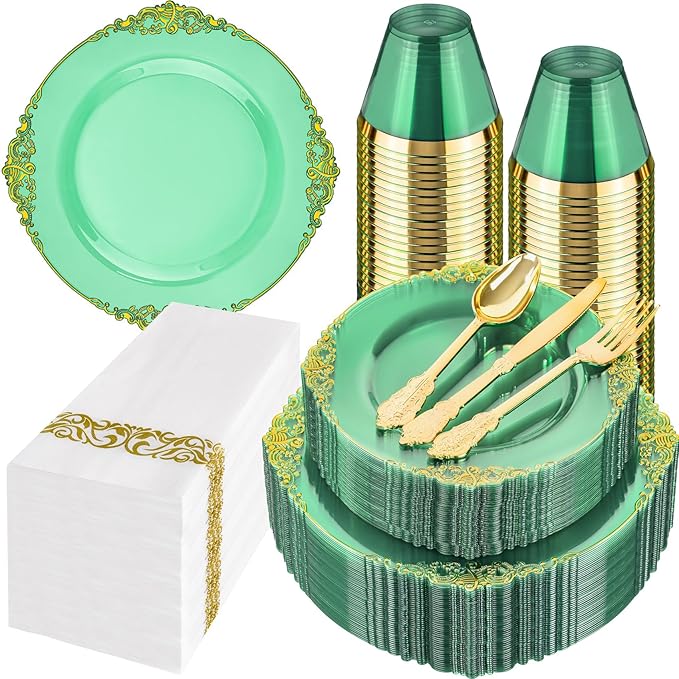 Hioasis 350pcs Green and Gold Plastic Plates - Green Party Plates for 50 Guest, Include 100 Heavy-duty Plates(20% Thicker Than Standard), 150 Cutlery Set, 50 Napkin, 50 Cups
