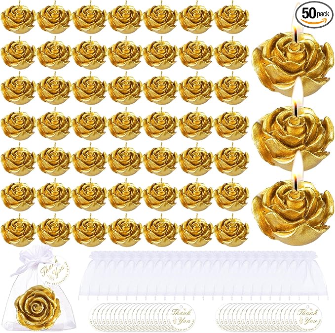 Treela 50 Set Flower Candles Wedding Favor for Guests Mini Gold Rose Shaped Tealight Candles for Return Gift Wedding Birthday Bridal Shower Housewarming Party