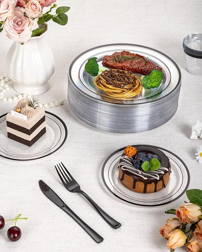 Goodluck 350 Piece Black Plastic Plates, Clear Plastic Silverware Disposable Plates Set, Include 100Plates, 50Pack Pre Rolled Napkins with Silverware, 50Cups for Party, Wedding, Graduation