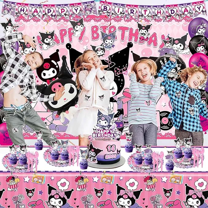 121Pieces Kuromi Birthday Party Decorations, Kids Cute Cartoon Party Supplies Include Happy Birthday Banner, Balloons, Tablecloth, Plates, Cupcake Toppers for Girls,Backdrop,
