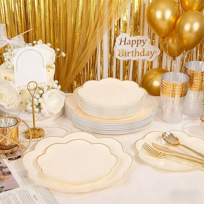 EI 180pcs Beige Plastic Plates with Gold Plastic Silverware,Heavy-Duty Disposable Plates for Party,Beige Dinnerware Set for 30 Guest Wedding,Afternoon Tea,Spring,Mother's Day,Valentine's Day,Easter