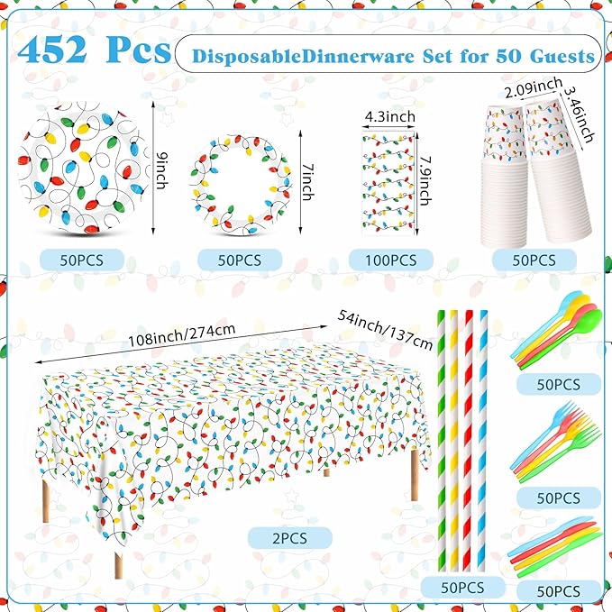452 Pcs Christmas Party Decorations for 50 Guests, Colorful Christmas Lights Paper Plates Napkins Cups Tablecloth Cutlery Straws Disposable Tableware Set for Xmas Holiday Party Supplies
