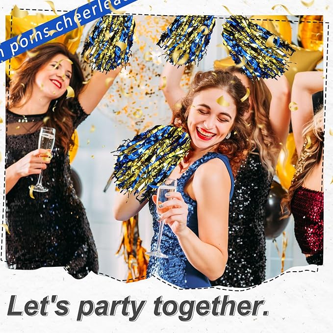 Hanaive 100Pcs Metallic Cheerleading Pom Poms with Baton Handle Cheerleader Pompom Foil 30g Cheering Squad Hand Flowers for Adults Team Spirit Sports Party Cheering