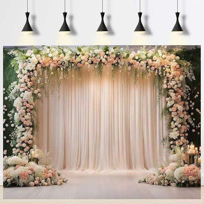 Wedding Ceremony Backdrop Wedding Stage Decorations Photography Background Traditional Luxury Elegant Style Wedding Backdrops Party Arch Design Decorated with Pink White Flowers Banner Props 20x10ft