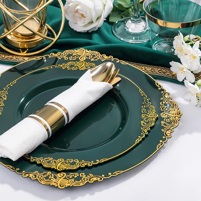 Nervure 100PCS Green and Gold Plastic Plates - 10.25inch Green Disposable Plates - Heavyweight Dinner Plate for Wedding & Party