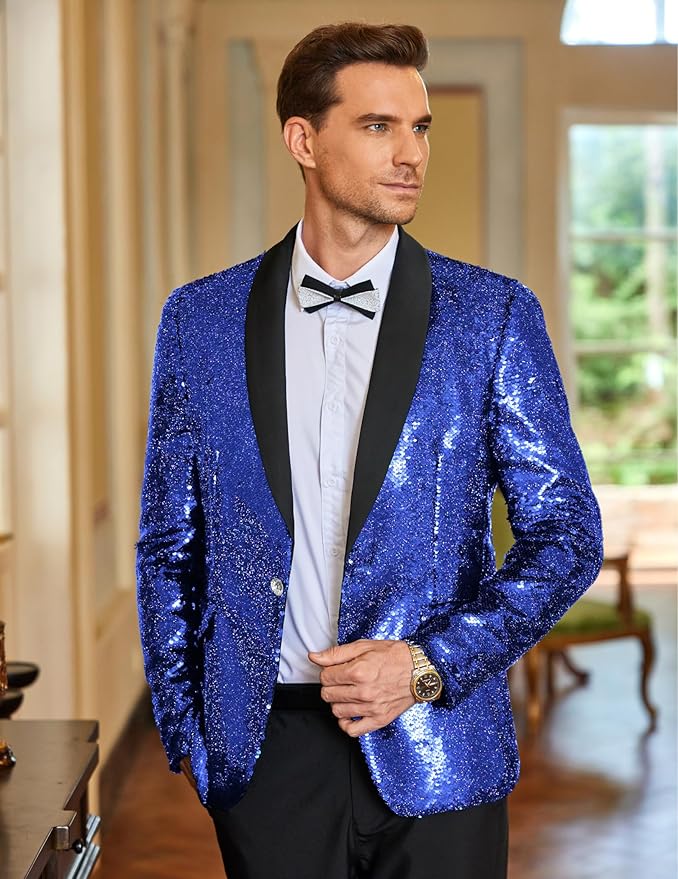 COOFANDY Mens Shiny Sequin Blazer Tuxedo Party Dinner Prom One Button Suit Jacket