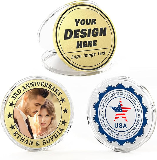 10 Custom Challenge Coins, Personalized Commemorative Coins with Logo Photo Text, Custom Memorial Gifts for Company Military Family Colleague Anniversary Wedding Couple Pocket Hug Tokens (Gold)