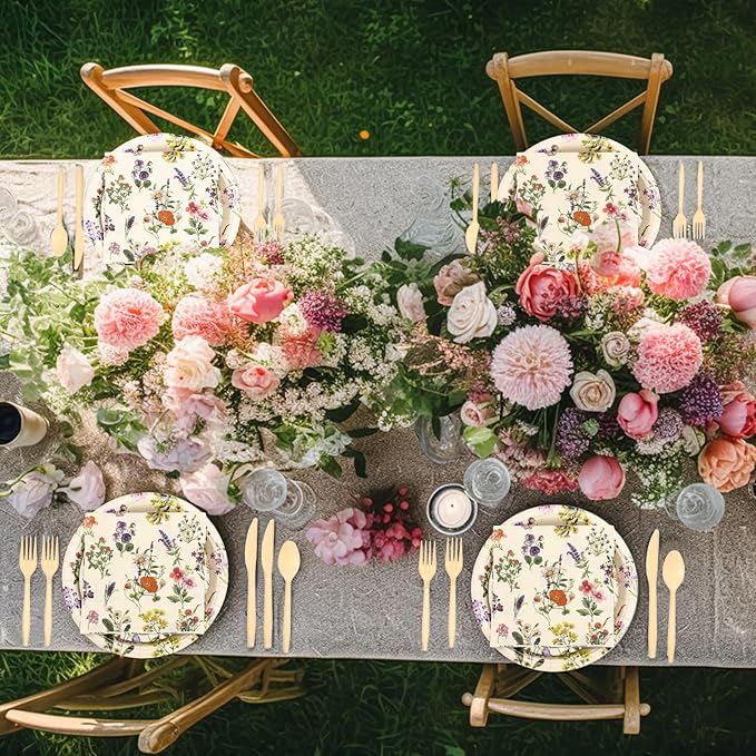 400 Pcs Wild Floral Disposable Paper Plates Napkins Cups Serve 50 Watercolor Floral Tableware Set for Spring Wedding Tea Party Decoration Bridal Shower Baby Shower (Fresh Color,Vivid Style)