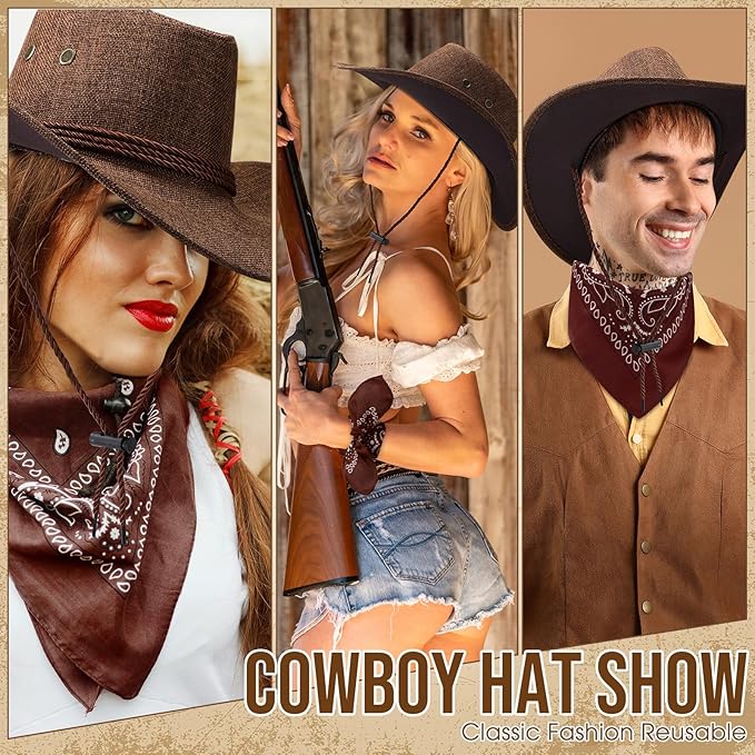 Zhanmai 12 Pcs Cowboy Hat and Bandana Cowboy Cowgirl Hats Bulk Western Party Costume Halloween Accessory