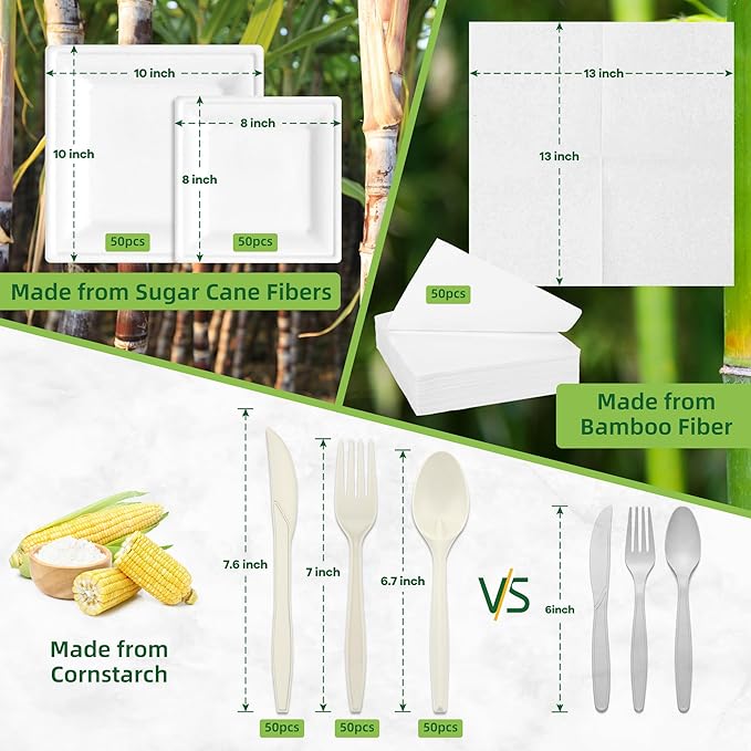 Compostable Paper Plates Set, 300PCS Disposable Heavy-Duty Plate and Utensils, Eco Friendly Biodegradable Dinnerware Kit Includes Plates, Forks, Knives, Spoons and Napkins for Party 50 People