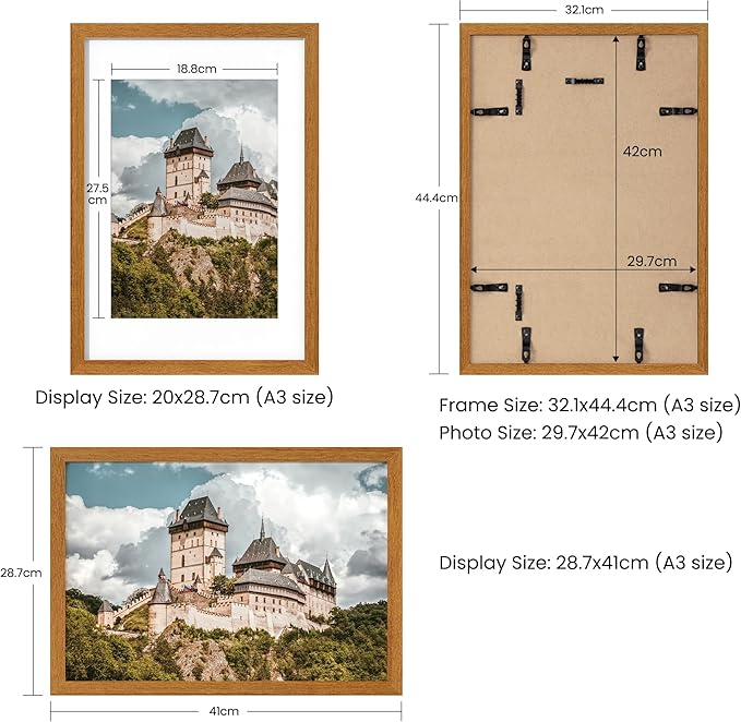 Axeman A3 Picture frame with mat for A4, Tempered Glass and Hanging Hardware Included Natural Teak Home Decor Art Hanging Poster Frame, Natural Teak