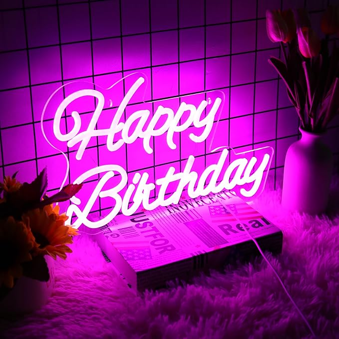Happy Birthday Neon Sign 16 Inch Reusable LED Light Up with Dimmable ON/OFF Switch for Party Backdrop Decoration and Wall Decor Gifts,Pink(Z-HB01-Pink-16)