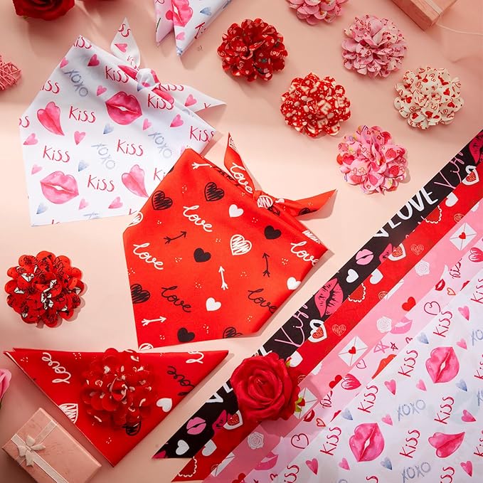 100 Pcs Valentine's Day Dog Bandanas & Flowers Set, Heart Love Pet Scarf Accessories for Dogs, Grooming, Party, Photo Props & Pet Shop Decorations