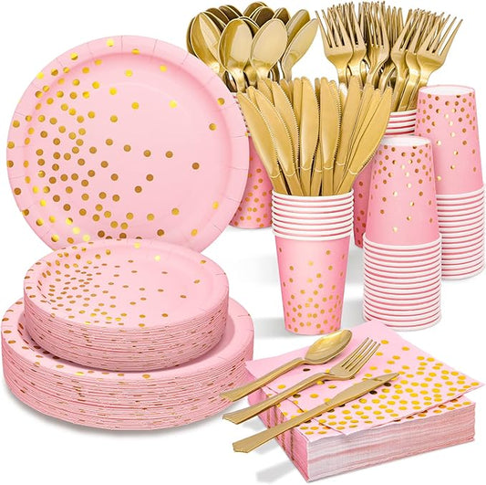 Pink and Gold Party Supplies, 350PCS Disposable Dinnerware Set with Pink Paper Plates Napkins Cups, Gold Plastic Flatware Set for Women Girls Birthday Graduation Baby Shower Engagement Wedding