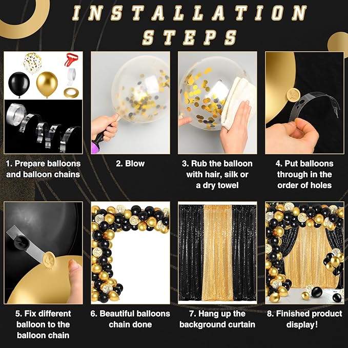 137 Pcs Black Gold Party Backdrop Kits - 4 Sequin Backdrop Curtain 133 Balloon Garland Kit Photo Prop Background for Graduation Birthday Anniversary Weeding Party Decoration