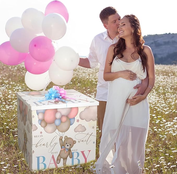 AmazingSpark 28in Jumbo Gender Reveal Gift Box Kit with Oversized Box Giant Pull Bows for Gender Reveal Baby Shower Birthday Party Decor(We Can Bearly Wait)
