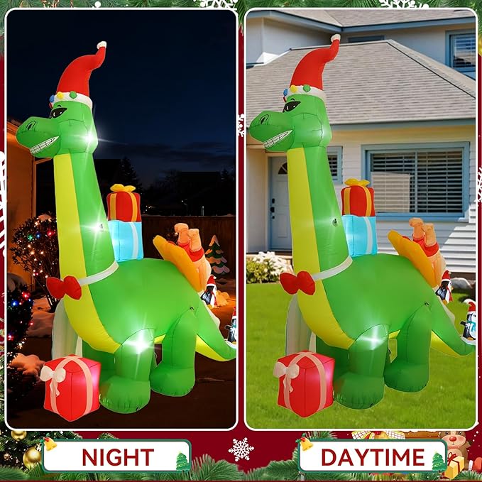 13FT Dinosaur and Santa Surfing Outdoor Inflatable Decoration with LED Lights, Suitable for Christmas Yard and Lawn Decorations