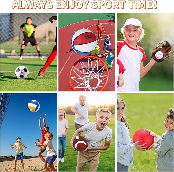 Deekin 12 Pcs Assorted Sport Ball Set for Kids Official Size Basketball Football Volleyball Soccer Baseball Playground Ball with Bag and Pump for Valentine's Kid Youth Gift