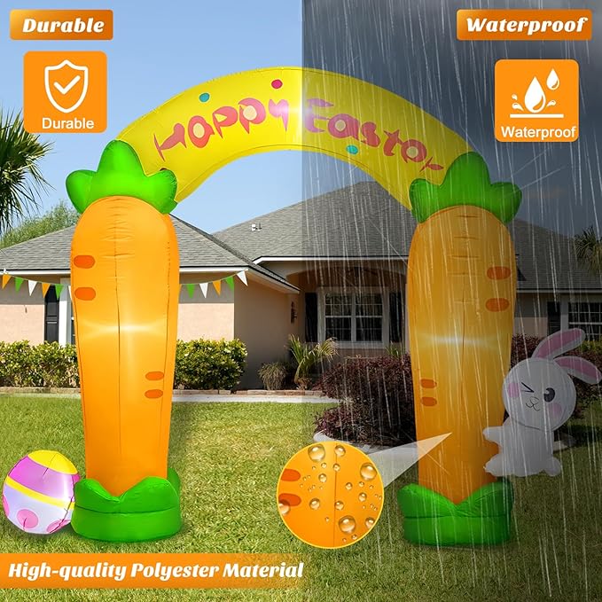 MICOCAH 9FT Long Easter Inflatables Archway Outdoor Decorations, Easter Inflatable Bunny Carrot Arch with Colorful Egg Built-in LEDs Blow Up Yard Decoration for Easter Decor Holiday Party Garden Lawn