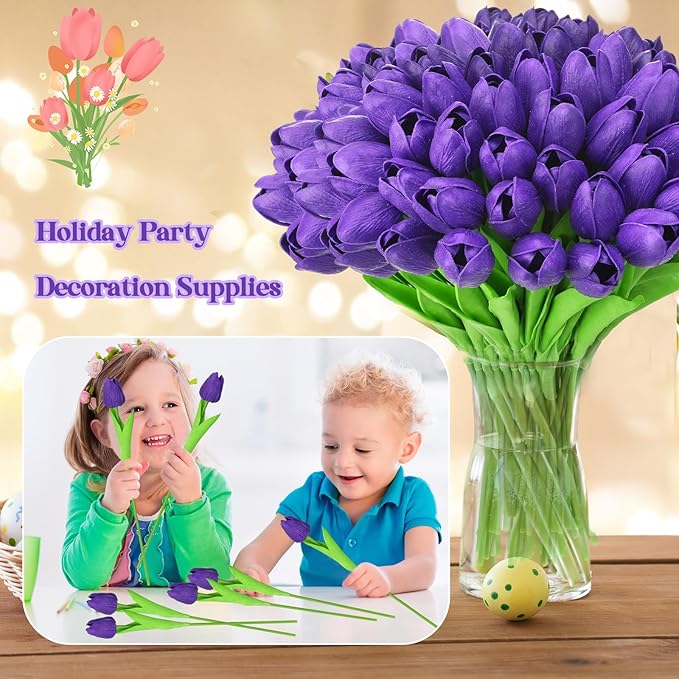 Jexine 100 Pcs Artificial Real Touch Tulips Fake Artificial Tulip Flower Bulk Bouquet with Stem for Table Centerpieces Wedding Bridal Easter Mother's Day Garden Home Decor, 13.4''(Purple)