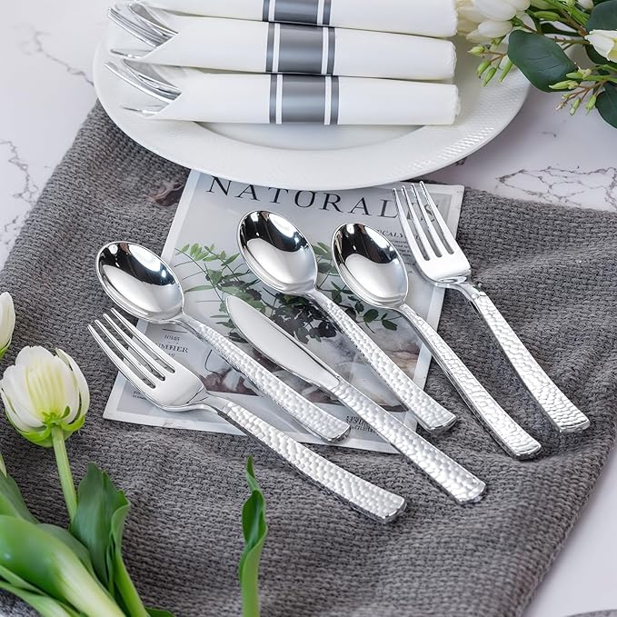 WELLIFE 100 Pack Silver Plastic Silverware, Pre Rolled Silverware Set Disposable,Plastic Cutlery Includes: 100 Forks, 100 Knives, 100 Spoons, 100 Napkins, Cutlery Set Disposable for Party and Wedding