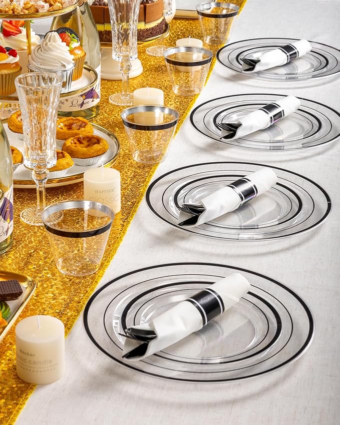 Goodluck 175 Piece Black Plastic Plates, Clear Plastic Silverware Disposable Plates Set, Include 50Plates, 25Pack Pre Rolled Napkins with Silverware, 25Cups for Party, Wedding, Graduation