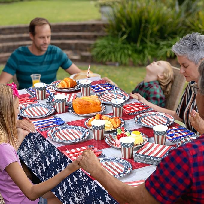 452 Pcs 4th of July Party Supplies for 50 Guests, American Flag Patriotic Paper Plates Napkins Cups Tablecloth Cutlery Straw White Red and Blue Tableware for Fourth of July Party Decoration