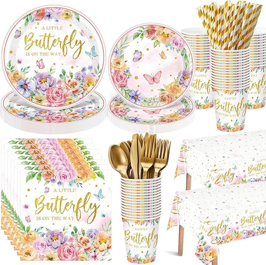 452 Pcs Floral Butterfly Baby Shower Decorations, a Little Butterfly Is on the Way Paper Plates Napkins Cups Tablecloth Cutlery Straws for Summer Floral Baby Shower Party Supplies