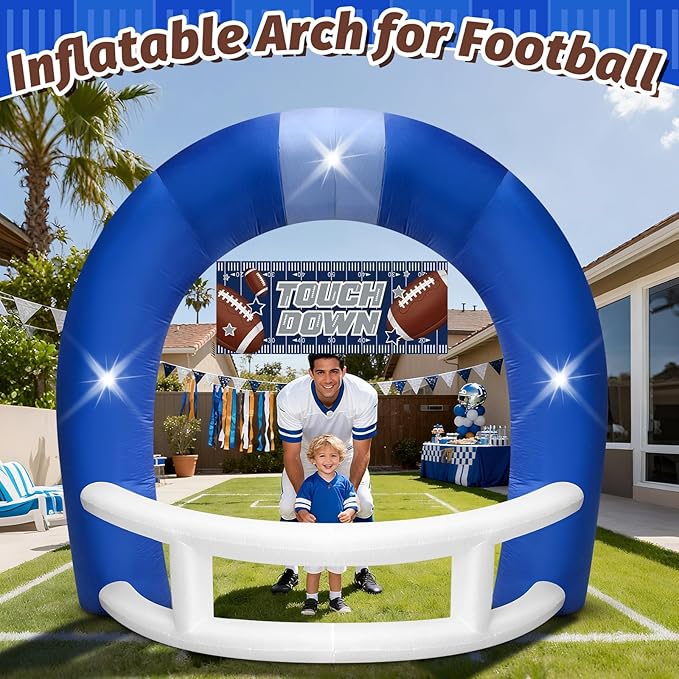 8FT Blue and White Football Helmet Inflatable Arch with Game Day Banner, Giant Outdoor Blow Up Football Helmet with Built-in 3 LED Lights for Football Themed Birthday Party Lawn Yard Decoration