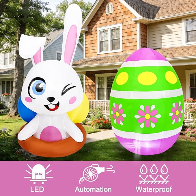 Dearsun 4FT Inflatable Easter Bunny& Egg Blow up Outdoor Yard Decorations, Easter Inflatables with LED Lights for Holiday Party Indoor Outdoor Décor