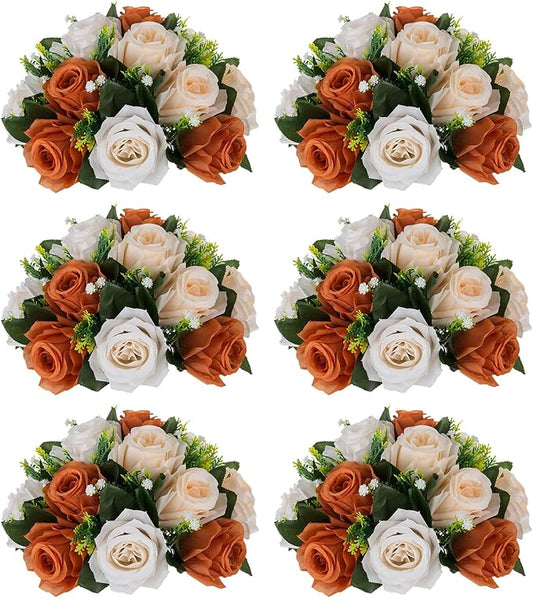 NUPTIO Terracotta Flower Ball Centerpieces: 6 Pcs Artificial Rose Kissing Balls for Wedding Party Tables - Faux Silk Floral Arrangements for Fall Home Thanksgiving Event Dining Decorations