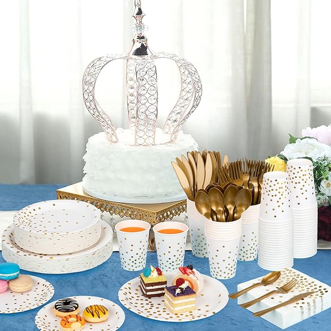 White and Gold Party Supplies, 350PCS Disposable Dinnerware Set w/White Paper Plates Napkin Cups Plastic Forks Knives Spoon for Women Men Birthday Easter Retirement Engagement Graduation Decorations