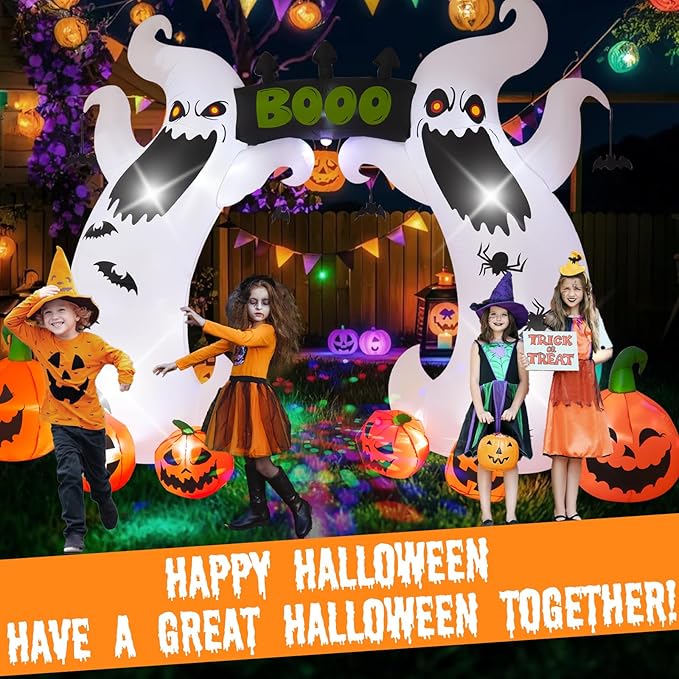 Halloween Inflatable, SHDEJTG 16 FT Giant Ghost Pumpkin Arch Inflatable Decoration with Rotating LED Color Light for Outdoor, Holiday, Party, Yard, Garden
