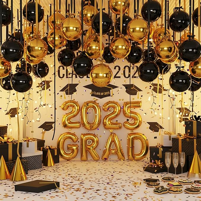 Jenaai 30 Set Round Foil Balloons Bulk 22 Inch 4d Metallic Giant Balloons Set with Satin Bows Ribbon for Ceiling Holiday Ornaments New Year Birthday Wedding Party Decoration(Black Gold)
