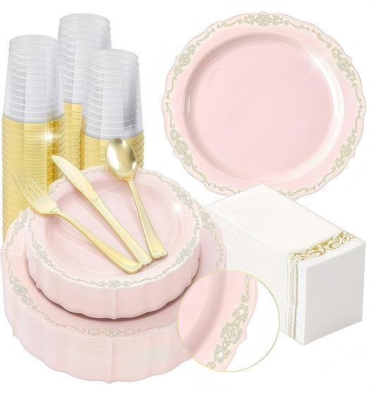 175 PCS Pink Disposable Plates, Elegant Dinnerware Set for 25 Guests, 50 Plastic Plates, 75 Silverware, 25 Cups & 25 Paper Napkins, Pink