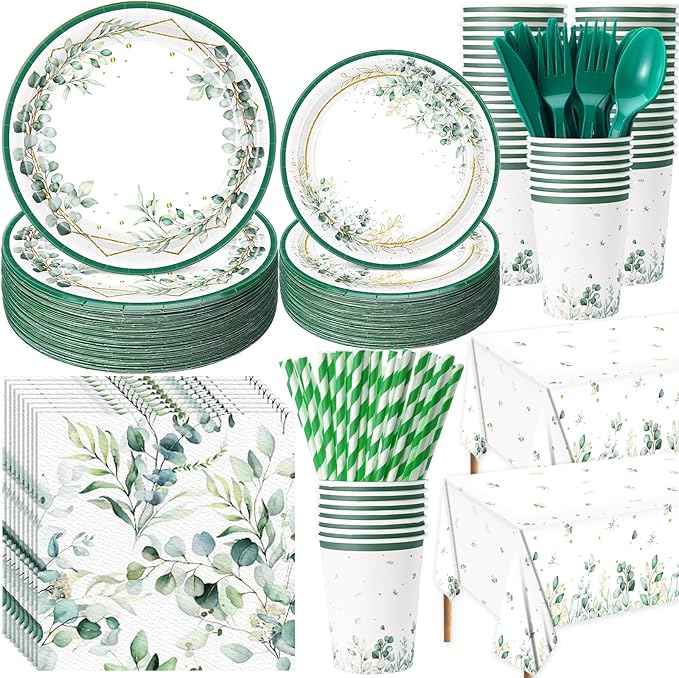 452 Pcs Sage Green Party Decorations for 50 Guests, Eucalyptus Theme Paper Plates Napkins Cups Tablecloth Cutlery Straws for Bridal Baby Shower Birthday Wedding Party Decorations Supplies