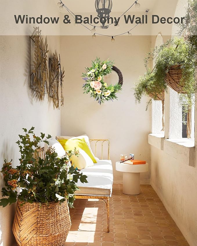 24 Inch Spring Wreath for Front Door, Grapevine Half Greenery Wreaths with Pink Peony Lavender Flowers & Eucalyptus Olive Leaves for Farmhouse Decor Porch Wall Indoor Outdoor Decoration