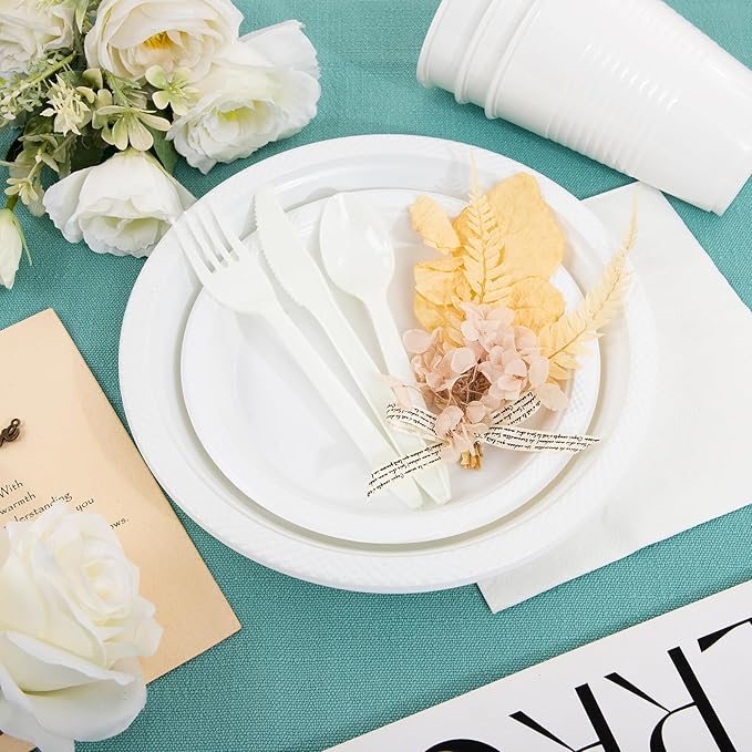 MirthMood 350PCS White Disposable Plates, Round Solid Color Disposable Plates for Party, including 50 Dinner Plates,50 Dessert Plates,50 White Silverware,50 Napkins and 50 16OZ Cups