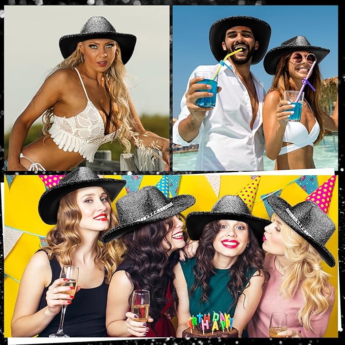 Hercicy 6 Pack Western Cowboy Hats with Rhinestone Tassel Bands Sequin Trim Sparkly Cowgirl Party Hats for Adults Women Men
