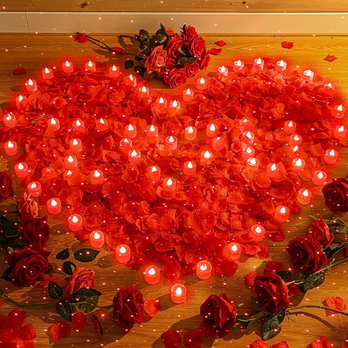 Hanaive 8000 Pcs Artificial Rose Petals with 120 Pcs Flameless LED Tea Light Candles Set Romantic Special Night Decorations for Proposal Anniversary Wedding Valentines Decor(Red)