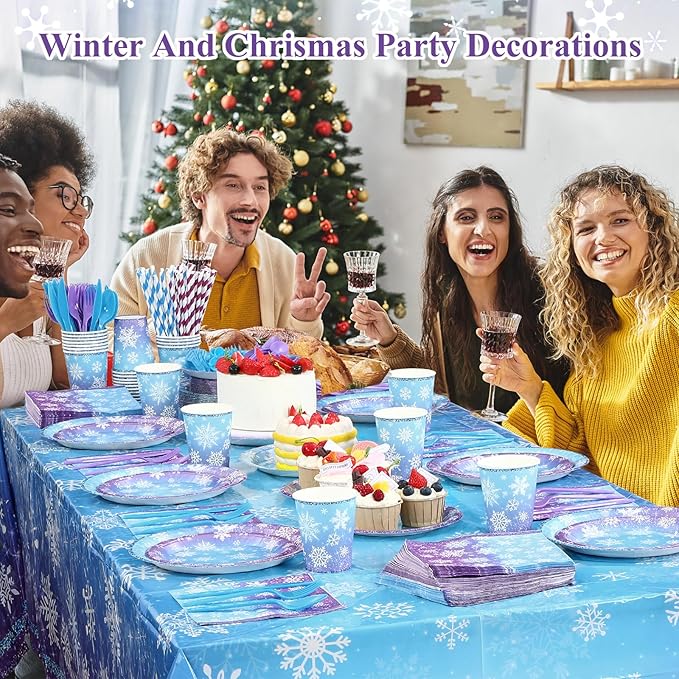 452 Pcs Winter Snowflake Party Decorations Purple Blue Wonderland Disposable Paper Plates Napkins Cups Tablecloth Cutlery Straws for Christmas Holiday Birthday Party Supplies