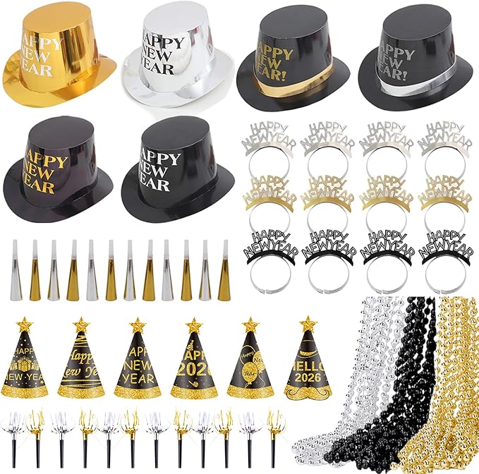 2026 New Year Decorations Set for 24 Guests - Hats, Headbands, Conical Hats, Beaded Necklaces, Noise Makers